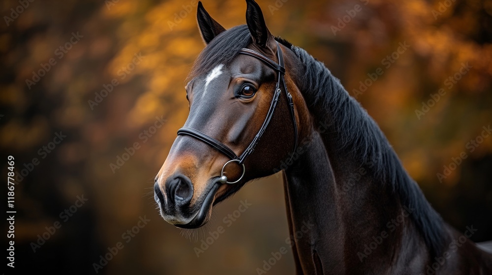 Dark bay horse wearing leather bridle, looking sideways through golden autumn forest with warm orange foliage surrounding rider Dark bay horse wearing leather bridle, looking sideways through golden autumn forest with warm orange foliage surrounding rider