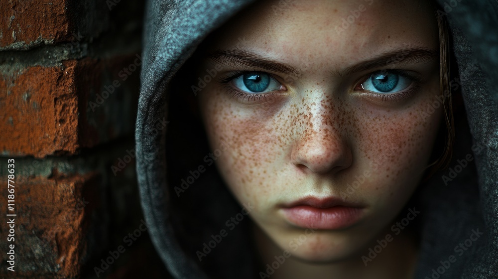 Portrait of a serious young girl with many freckles and blue eyes wearing a hood near a brick wall Portrait of a serious young girl with many freckles and blue eyes wearing a hood near a brick wall