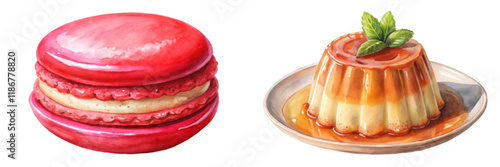 Colorful dessert illustration, vibrant macarons, creamy flan, watercolor style, food art, culinary delight.