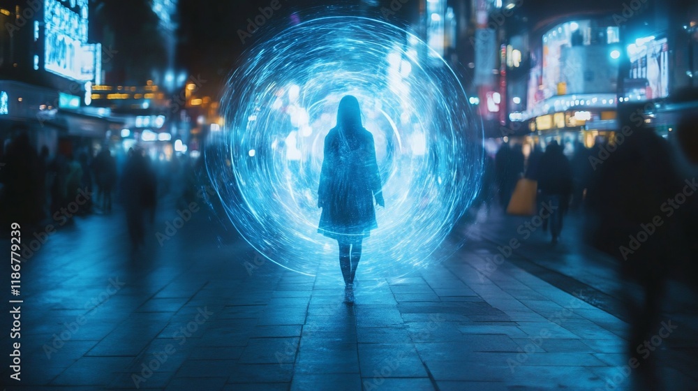 Obraz premium Woman in glowing portal, city street at night.
