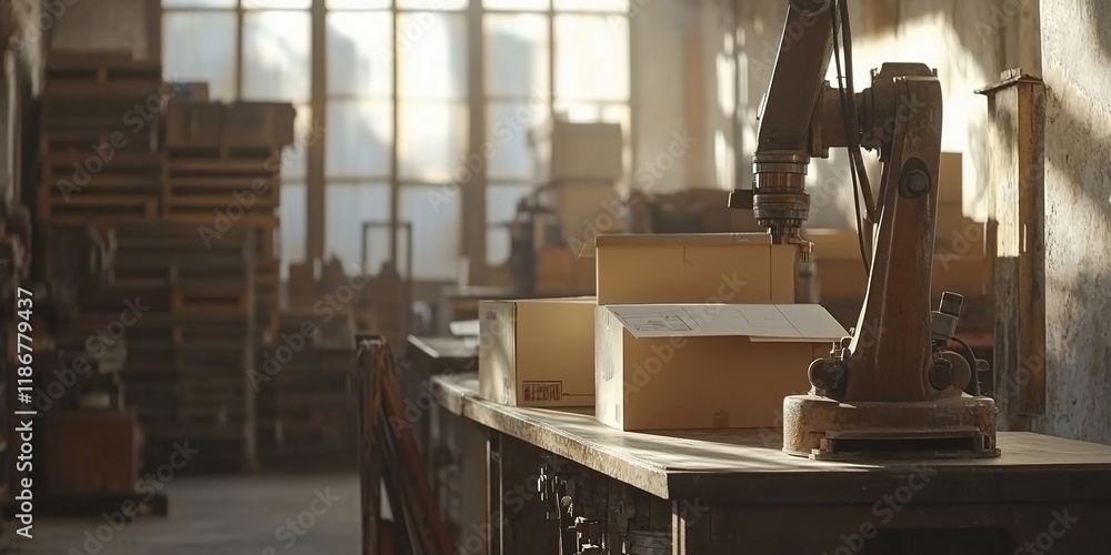 Innovative Robotic Packaging in High-Tech Industrial Facility: Mechanical Arms Efficiently Box Products in Futuristic Factory Setting. 32K Visualization of Advanced Logistics, Transport Automation, an