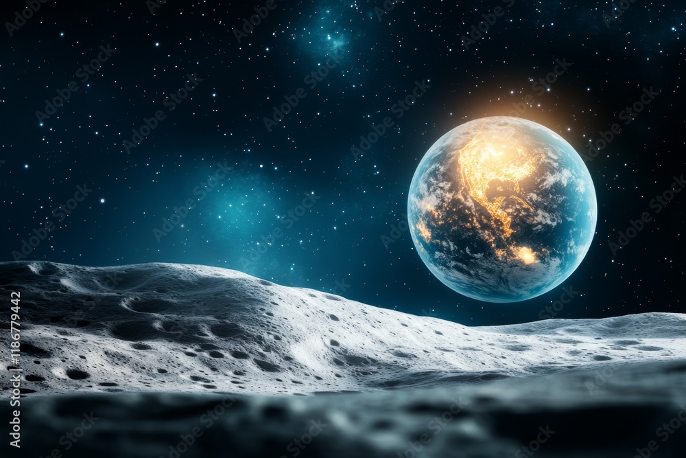 Obraz premium A moonlit space scene with a lunar surface in the foreground and a glowing Earth in the distance