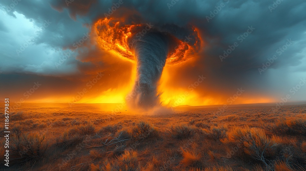 Obraz premium Fiery Tornado Descends Upon a Desolate Landscape