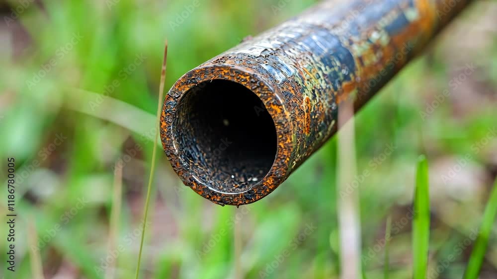 Rusty metal pipe lying on the ground amidst green grass in an outdoor setting during daylight Rusty metal pipe lying on the ground amidst green grass in an outdoor setting during daylight