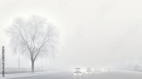 Cars drive through a misty landscape, with a single bare tree standing in the foggy distance.