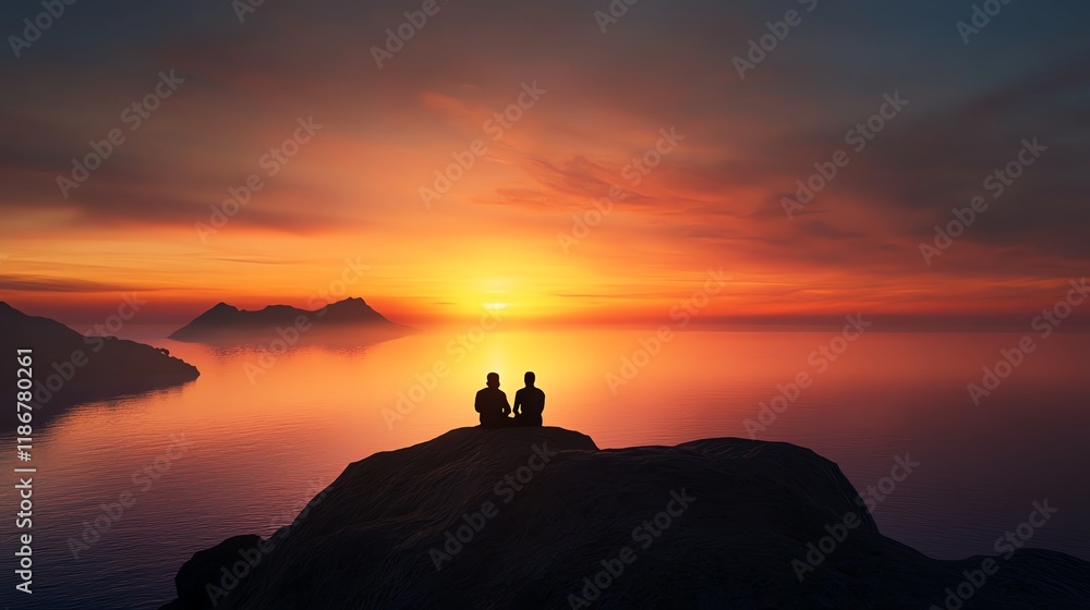 Couple sitting on a rock by the sea, heartshaped sunset reflecting on the water, peaceful romance, 3D illustration Couple sitting on a rock by the sea, heartshaped sunset reflecting on the water, peaceful romance, 3D illustration