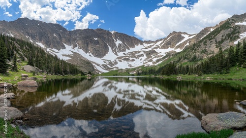 Majestic Towering Snowcapped Mountains Reflecting Lake Nature Photography Alpine Environment Serene View Tranquil Beauty