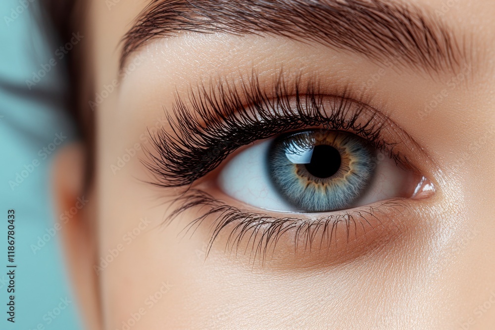 Captivating Gaze: Close-up of a mesmerizing blue eye with long, luscious eyelashes, the perfect image for beauty, cosmetics, and vision-related projects. Captivating Gaze: Close-up of a mesmerizing blue eye with long, luscious eyelashes, the perfect image for beauty, cosmetics, and vision-related projects.