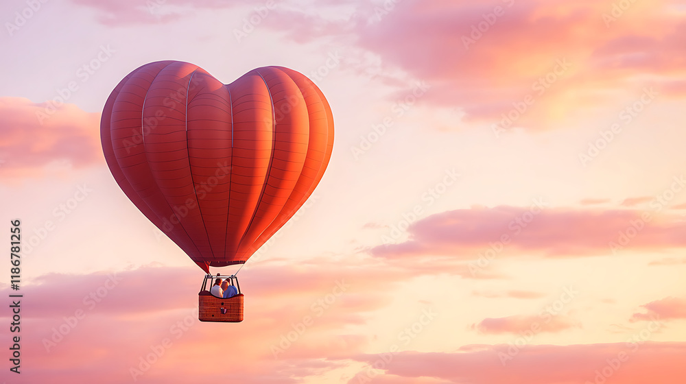Obraz premium A heart-shaped hot air balloon floating in a serene, pastel-colored sky, with a couple inside the basket enjoying the breathtaking view. 