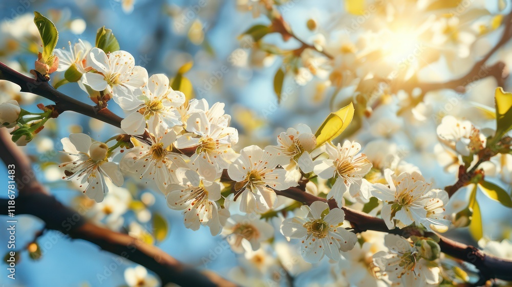 Beautiful flowering branches illuminated by sunlight, evoking serenity and springtime freshness Beautiful flowering branches illuminated by sunlight, evoking serenity and springtime freshness