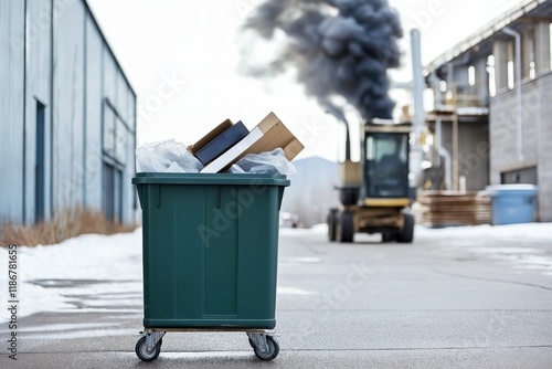 Eco-friendly industry concept with green recycling bin and factory emitting smoke in urban setting photo