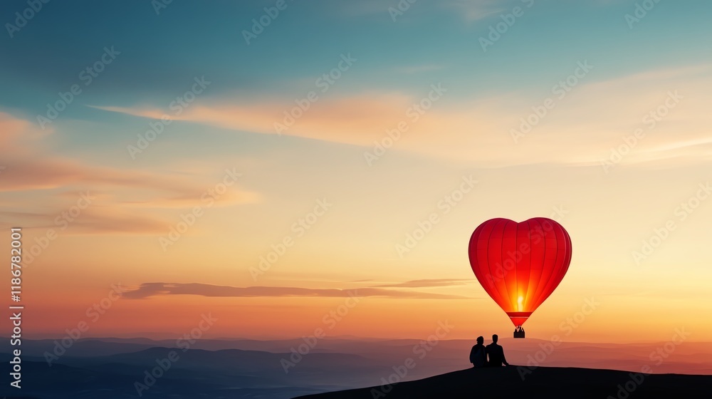 Fototapeta premium Couple sitting together in a glowing heartshaped hot air balloon above a dreamy landscape, adventure and love