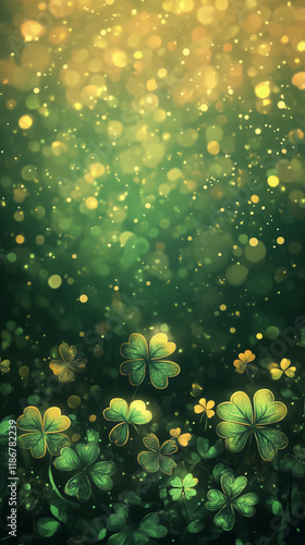 Glowing shamrocks and golden sparkles in magical green haze