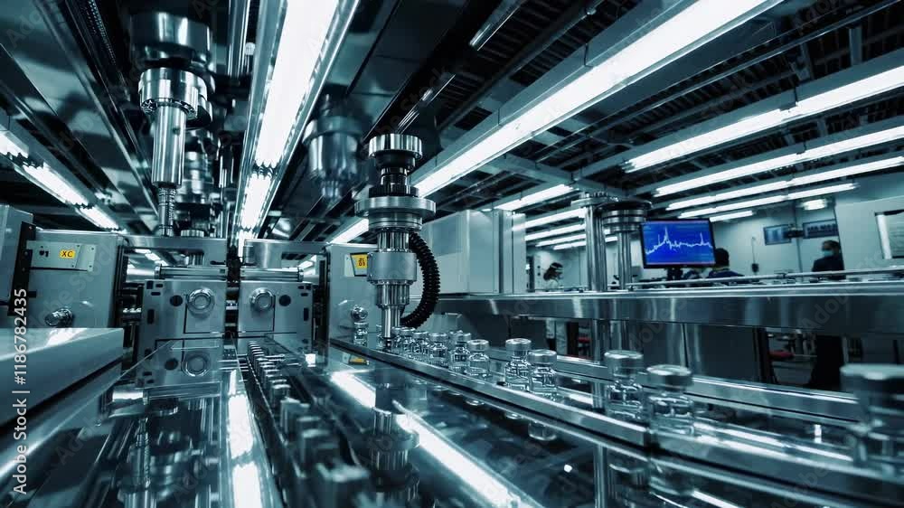 High-tech production line in a modern manufacturing facility showcasing advanced machinery and assembly processes High-tech production line in a modern manufacturing facility showcasing advanced machinery and assembly processes