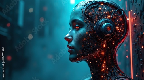 Futuristic electronic human head, encased in a labyrinthine network of micro-circuits, wires, and motherboard components, set against a dark, misty background with subtle neon highlights. photo