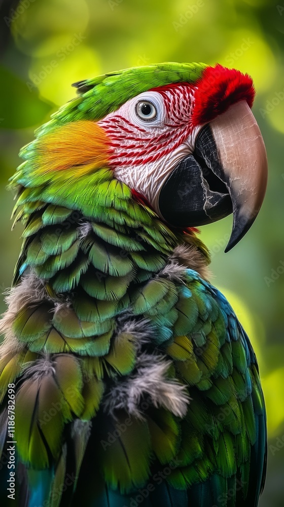 Obraz premium Vivid macaw parrot displaying brilliant plumage, resting against soft verdant backdrop with sharp foreground detail