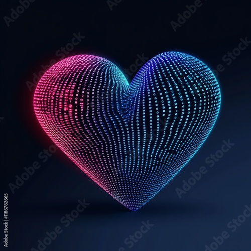 Digital heart made from binary code, futuristic romance, neon blue and pink color scheme, hightech vibe photo