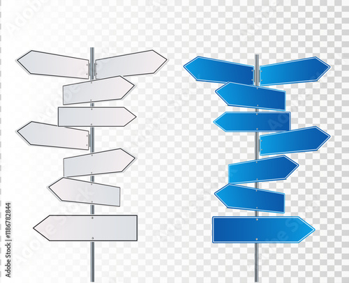 Direction road signs arrows on blue sky. Vector illustration.