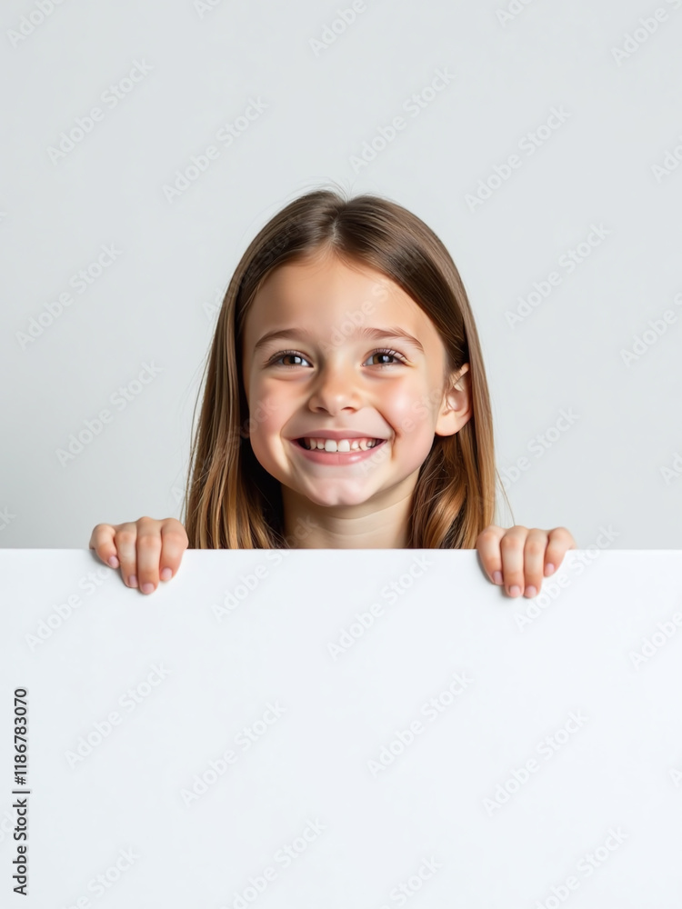 A Young Smiling Girl Looks Out From A Plain White Background, An Empty Banner With Room To Write Her Name. 00003 A Young Smiling Girl Looks Out From A Plain White Background, An Empty Banner With Room To Write Her Name. 00003