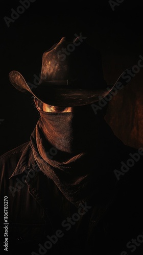 Masked cowboy standing in shadowy western landscape, bandana concealing identity and wide-brimmed hat casting dramatic silhouette