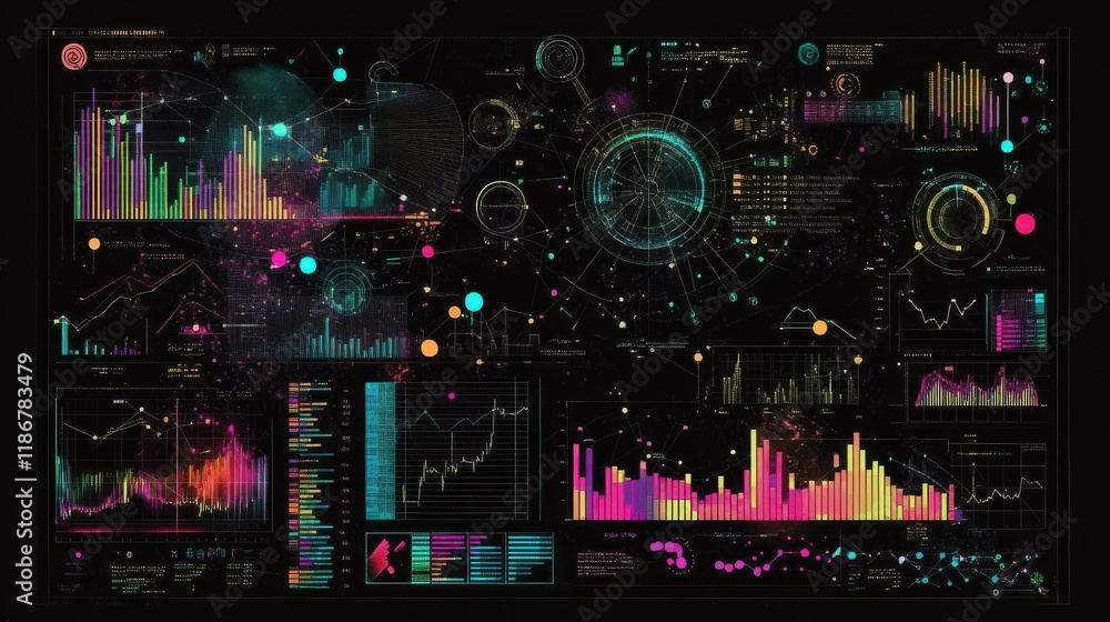 Obraz premium Abstract black background with Colorful charts and graphs with statistics to innovative analyze business potential and forecast future development of companies growth. illustration