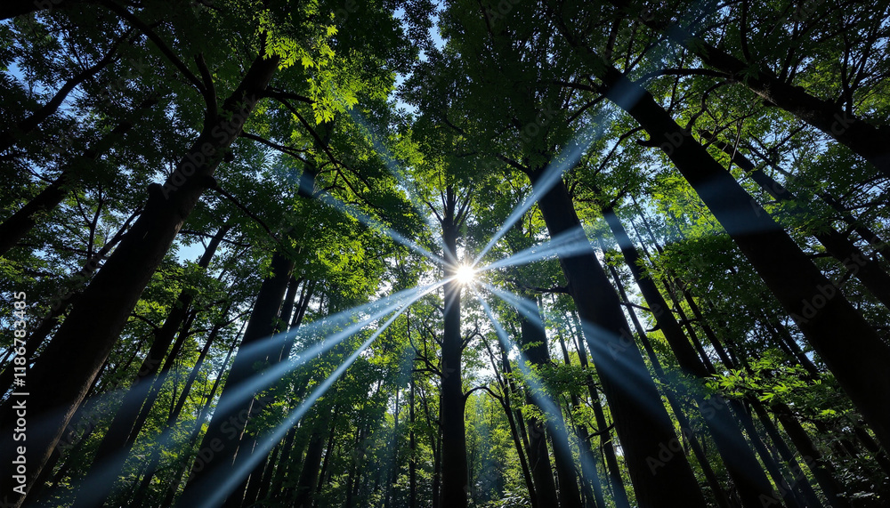 Obraz premium Sunlight filtering through a shaded tree canopy with rays shining in a dense forest