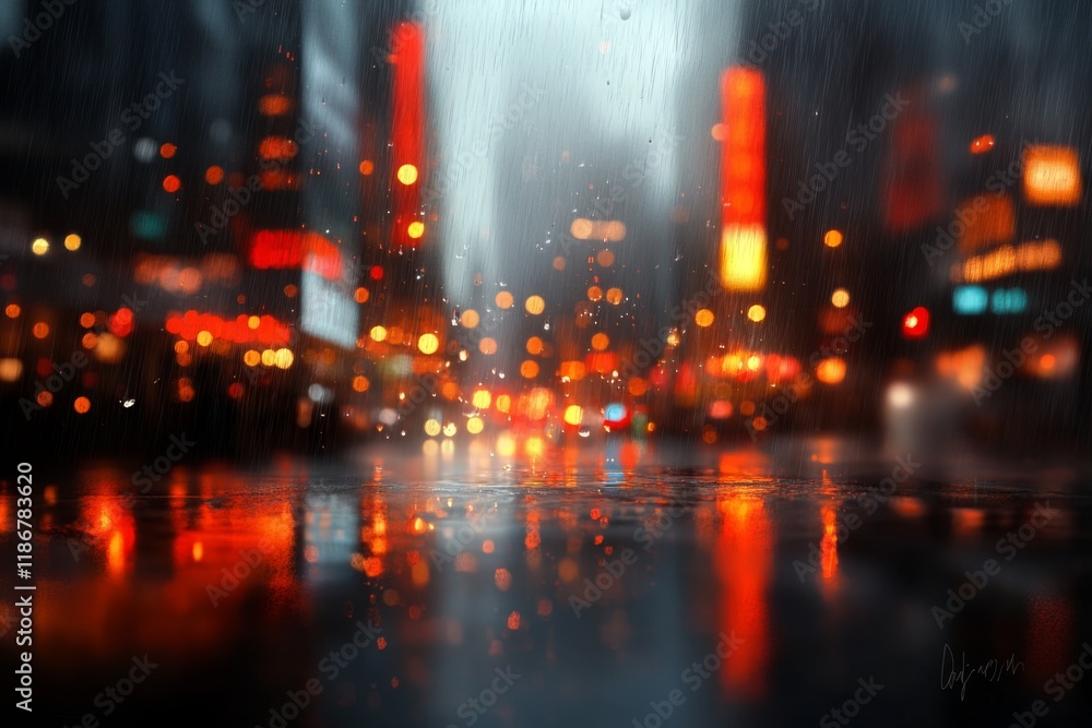 Obraz premium A rainy urban evening with reflections of streetlights and neon signs shimmering on wet pavement