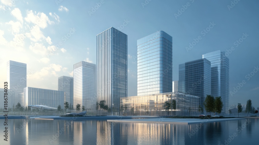 Modern city skyline reflected in calm water at sunrise. Modern city skyline reflected in calm water at sunrise.