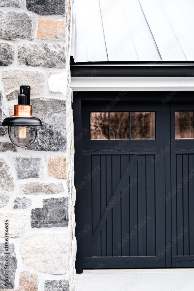 Naklejka premium The exterior scene displays a contemporary stone wall paired with sleek dark wooden garage doors, illuminated by a minimalist light fixture as dusk settles in