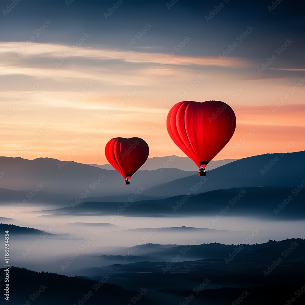 Fototapeta premium Heartshaped hot air balloons floating over a dreamy valley, romantic adventure concept, soft morning light