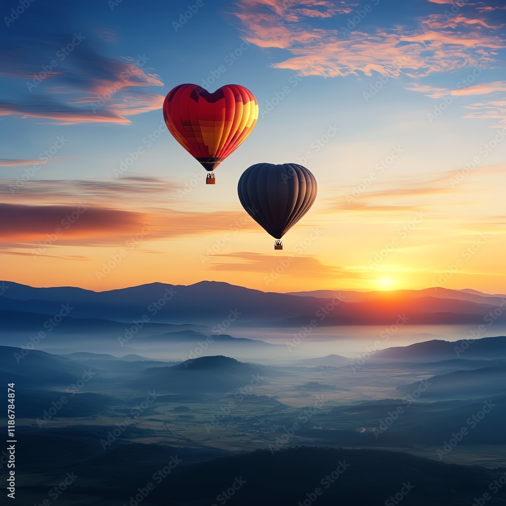 Obraz premium Heartshaped hot air balloons floating over a dreamy valley, romantic adventure concept, soft morning light