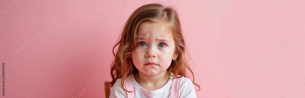 A Young Girl With A Sad Expression Sits In Front Of A Soft Pastel Pink Background Filled With Gentle Curves And Subtle Textures. 00001 A Young Girl With A Sad Expression Sits In Front Of A Soft Pastel Pink Background Filled With Gentle Curves And Subtle Textures. 00001