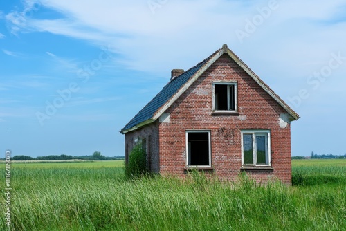 Wallpaper Mural An old, abandoned brick house stands proudly amidst lush green grass, all under a bright blue sky, set in a serene rural landscape that feels untouched by the passage of time Torontodigital.ca