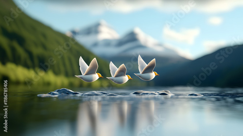 serene 3D illustration of migratory birds flying gracefully over tranquil lake, surrounded by lush green mountains and clear blue sky, evoking sense of peace and freedom
