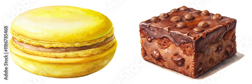Colorful dessert illustration, yellow macaroon, chocolate brownie, watercolor style, sweet treats, bakery art.