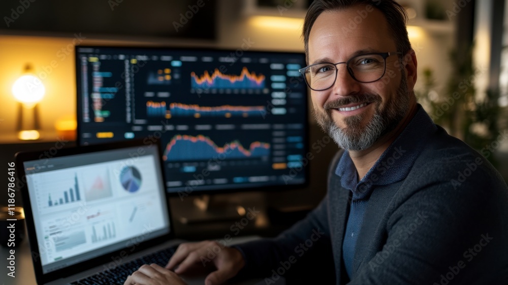 Data-Driven Success: A confident and focused businessman smiles confidently at the camera, his laptop displaying data charts and graphs, reflecting a driven approach to success and ambition. Data-Driven Success: A confident and focused businessman smiles confidently at the camera, his laptop displaying data charts and graphs, reflecting a driven approach to success and ambition.