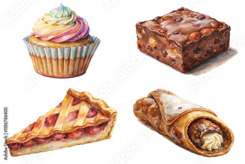 Colorful dessert illustrations, cupcake with frosting, chocolate brownie, fruit pie slice, cannoli pastry.