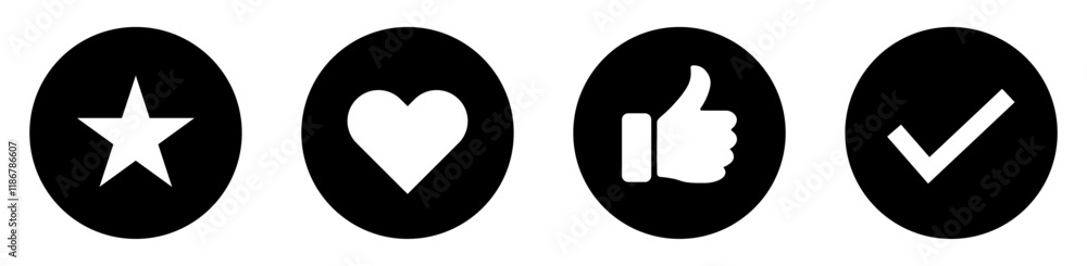 Like, tick, heart and star icon thumb up social media symbol set on white background. Star, check mark, thumb up and heart icon set. Social Media Button Or badge. Like, tick, heart and star icon thumb up social media symbol set on white background. Star, check mark, thumb up and heart icon set. Social Media Button Or badge.