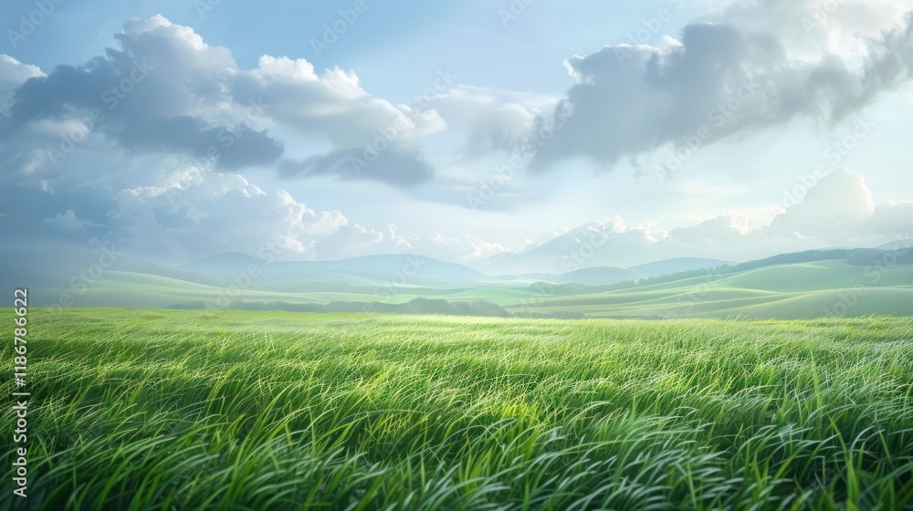 Serene landscape of rolling green hills under a cloudy sky. Serene landscape of rolling green hills under a cloudy sky.