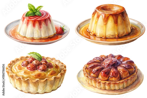 Colorful dessert illustrations, creamy textures, artistic watercolor style, gourmet pastries, vibrant fruit toppings.