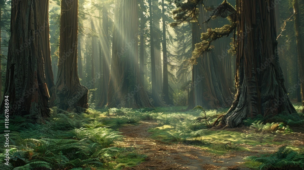 Naklejka premium Sunbeams illuminate a path through a majestic redwood forest, dappled sunlight on ferns and mossy ground.