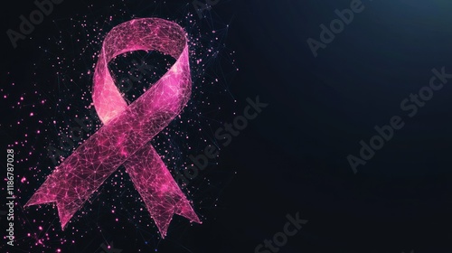 Pink ribbon awareness symbol, polygonal design on dark background.