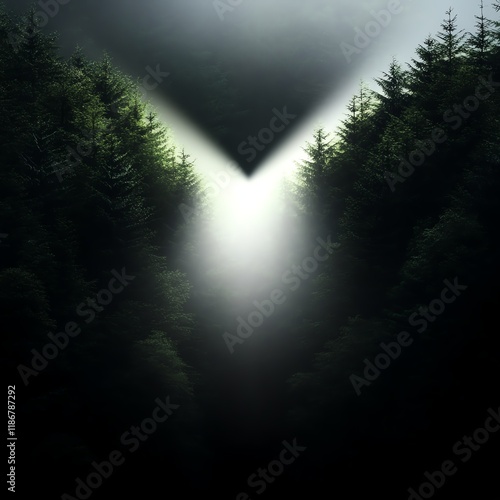 Romantic foggy forest with glowing heartshaped light beams, mysterious and dreamy, 3D illustration photo