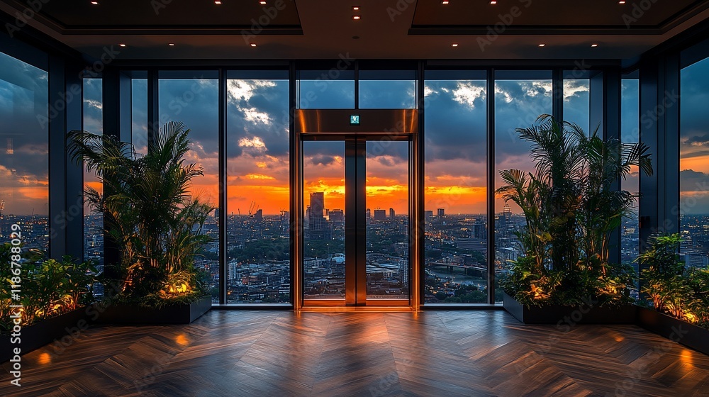 Fototapeta premium Urban Sunset View Through Modern Glass Doors