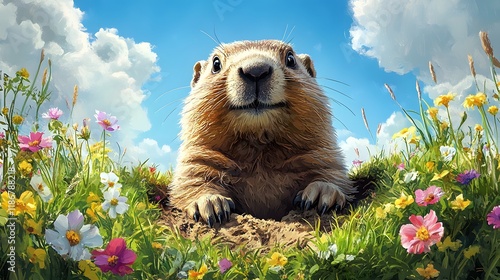 Vibrant Vector Illustration Featuring a Joyful Groundhog Celebrating Groundhog Day with Lush Environment and Bright Skies