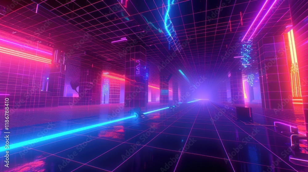 Neon-lit retro futuristic corridor with glowing lines and grid. Neon-lit retro futuristic corridor with glowing lines and grid.