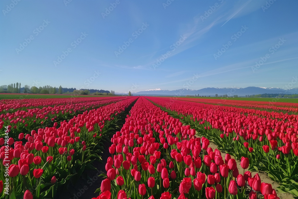 Vibrant tulip field basking in spring sunshine. Vibrant tulip field basking in spring sunshine.