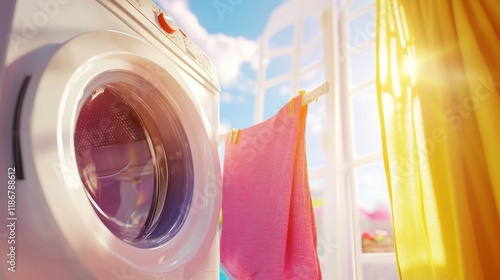 White washing machine with clothes drying on a sunny balcony.
