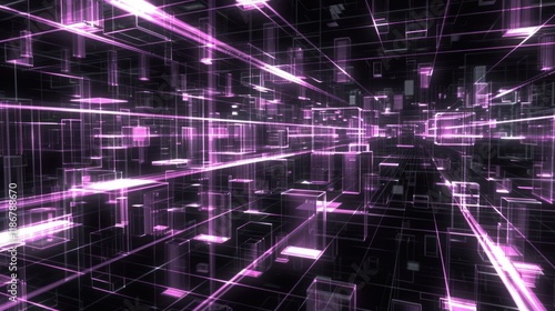 Abstract purple digital city, glowing lines, futuristic technology background.