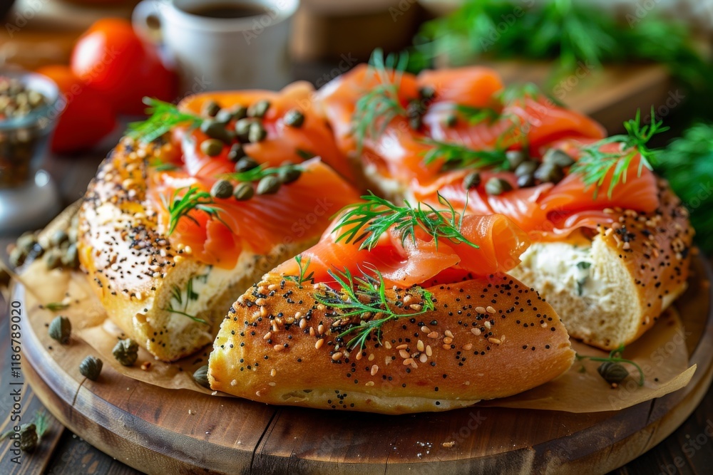 Smoked Salmon Bagel Ring: A delectable smoked salmon bagel ring, generously topped with cream cheese, capers, and fresh dill, sits on a rustic wooden board, ready to be shared. Smoked Salmon Bagel Ring: A delectable smoked salmon bagel ring, generously topped with cream cheese, capers, and fresh dill, sits on a rustic wooden board, ready to be shared.